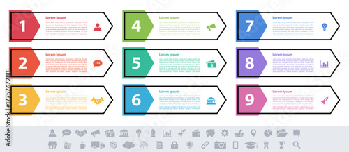 Infographic design business concept vector illustration with 9 steps or options or processes represent work flow or diagram