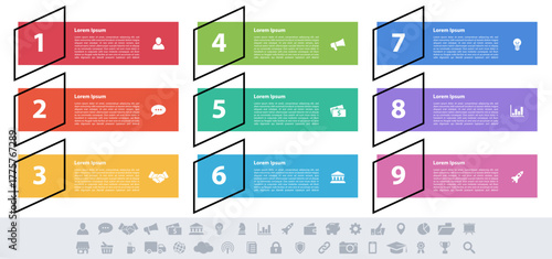 Infographic design business concept vector illustration with 9 steps or options or processes represent work flow or diagram or web button banner