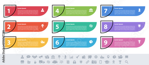 Infographic design business concept vector illustration with 9 steps or options or processes represent work flow or diagram or web button banner
