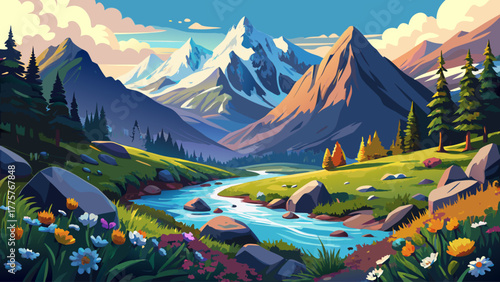 A scenic mountain valley covered in wildflowers and clear streams, surrounded by majestic snow-capped peaks