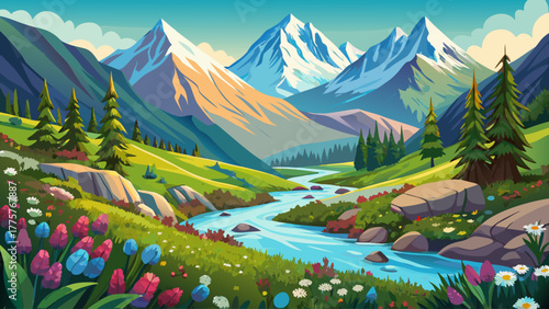 A scenic mountain valley covered in wildflowers and clear streams, surrounded by majestic snow-capped peaks