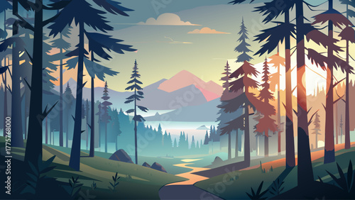 A panoramic view of a misty pine forest at dawn, soft sunlight filtering through the tall trees