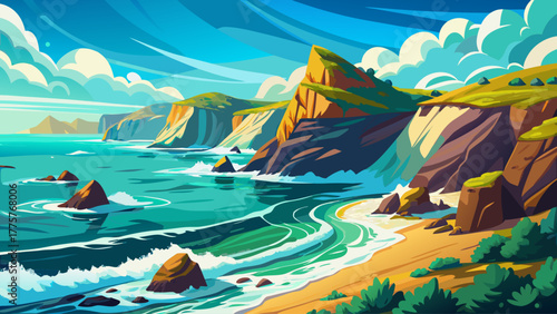 A panoramic coastal view of turquoise waves crashing against rocky cliffs under a bright summer sky