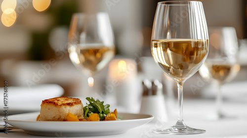 Fototapeta Naklejka Na Ścianę i Meble -  A glass of white wine and a tasty dish sit on a fancy table. The table is set for a dinner party. The atmosphere is relaxed and elegant. Ready for a toast!