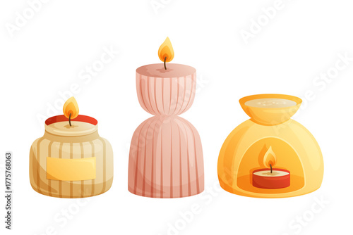 Set of decorative, burning candles for home decor and coziness, scented candle. Vector illustration on a white background.