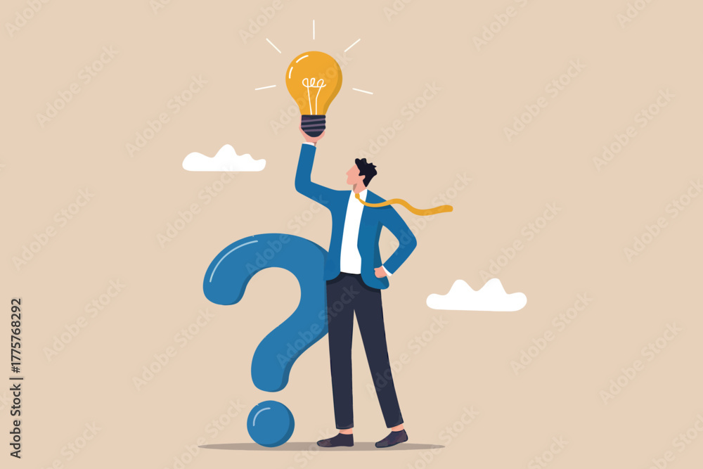 Obraz premium Businessman holds bright idea light bulb above giant question mark symbol representing problem solving and innovation strategy