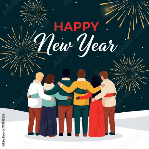 Group of diverse friends celebrating New Year with fireworks and joy.