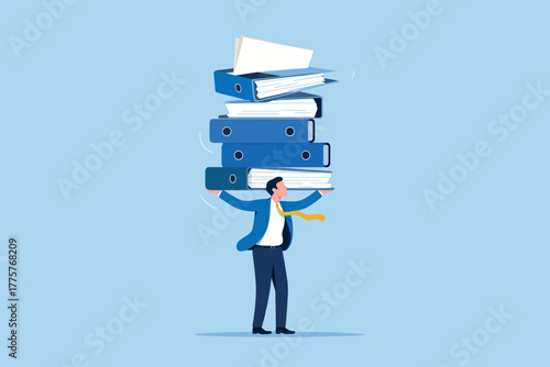 Overwhelmed businessman carrying huge stack of files documents indicating workload and stress business concept