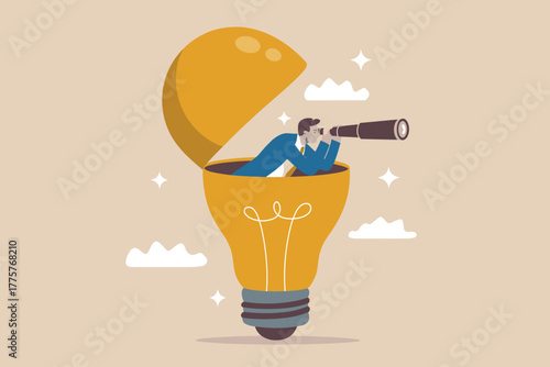 Businessman inside giant light bulb using telescope symbolizing innovation opportunity vision future business ideas growth discovery