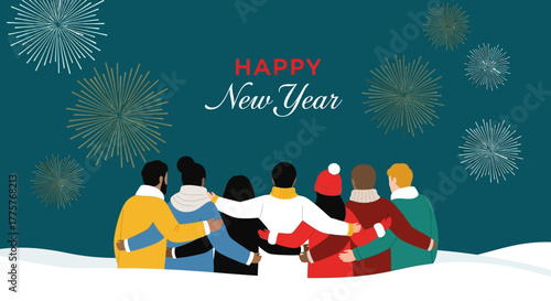 Group of friends celebrating New Year together watching fireworks.