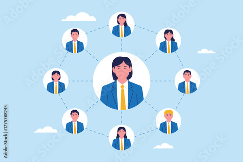 Diverse business team network connection concept represented by connected people icons in a circular formation showing collaboration and communication