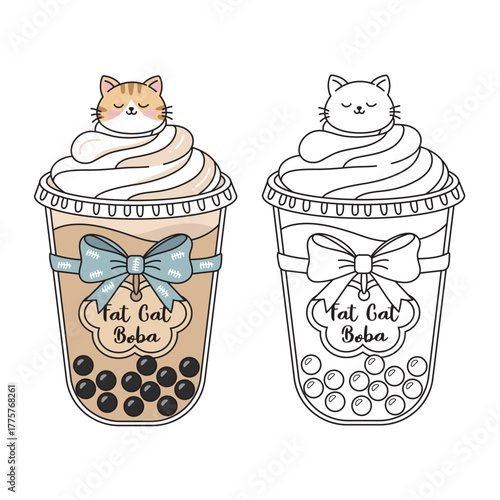 Illustration of a bubble tea cup with a cute fat cat theme.