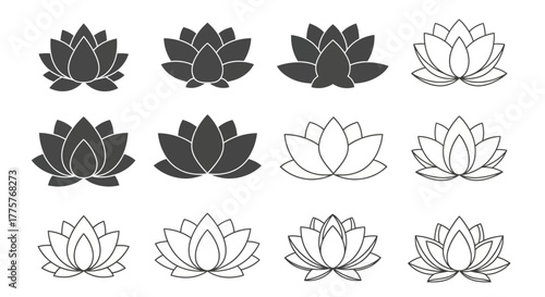 Set of twelve elegant lotus flower illustrations in various styles.