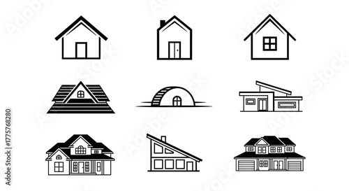 Set of nine diverse house icons in black and white.