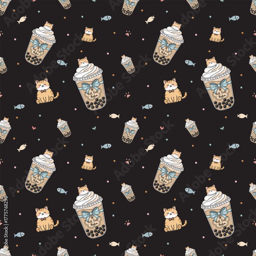 Seamless pattern. Illustration of a glass of bubble tea in a cute fat cat theme.