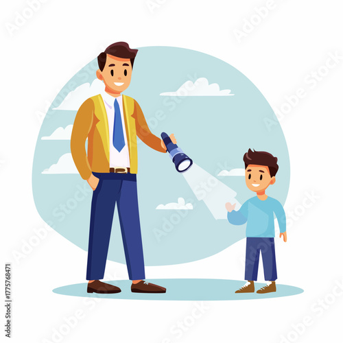 Mentor guiding junior figure with a flashlight, illuminating the path