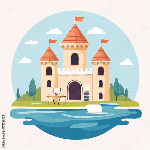 Freelancer enjoys home office inside medieval castle surrounded by defensive moat