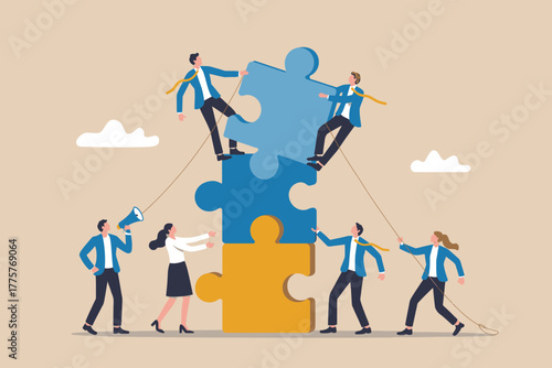 Teamwork puzzle concept successful collaboration business people assembling jigsaw pieces together achieving goals