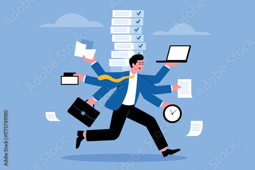 Busy businessman juggling tasks efficiently with multiple arms and office items demonstrating time management and productivity skills