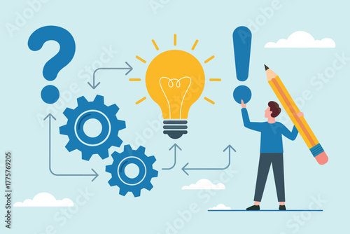 Creative idea generation process featuring question marks gears lightbulb and person holding pencil inspiring innovation and problem solving concepts