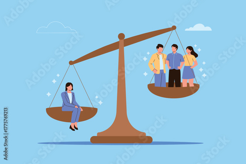 Gender equality concept visualized with scales measuring one woman against a group of men in a balanced society