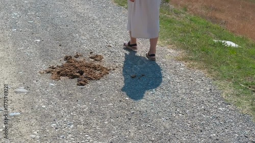 Woman carefully avoiding horse manure on a countryside path. Woman in a long elegant dress carefully walking on a gravel path to avoid stepping in a pile of fresh horse manure in the countryside