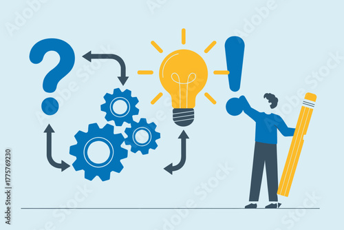 Problem solving process brainstorming idea generation innovation and solution discovery with gears lightbulb and question mark symbols