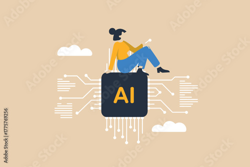 Artificial intelligence concept person sitting on ai chip symbol embracing future technology and innovation