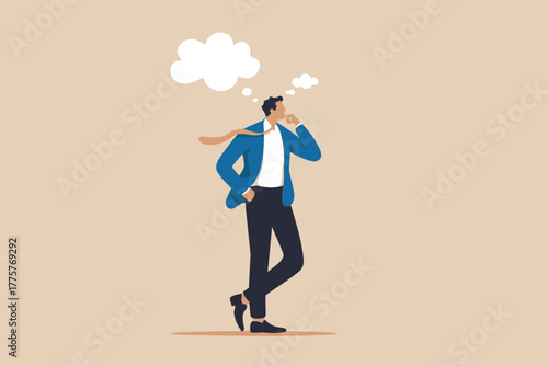 Business man thinking deeply with ideas floating above his head representing innovation and problem solving