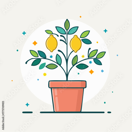 Vector Illustration of a Potted Lemon Tree with Two Yellow Lemons and Green Leaves against a Soft Cream Circular Background with Colorful Sparkles and Confetti