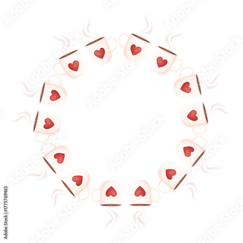 Vector round frame made of coffee mugs with red hearts and steam, with space for text, perfect for Valentine cards, cafe branding, posters, packaging, kitchen decor and festive design