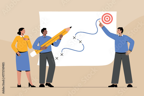 Team collaborates to achieve business goals drawing a path towards a target goal on a whiteboard with a giant pencil