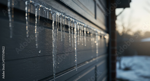 Icicles hanging from garage door during winter season at sunset  