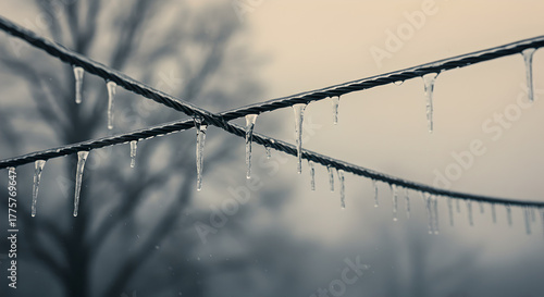 Icicles hanging from wires on a foggy winter day  