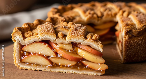 Slice of apple pie with cinnamon and crumbs