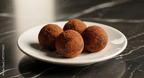 Chocolate truffles on small plate, dusted with cocoa powder