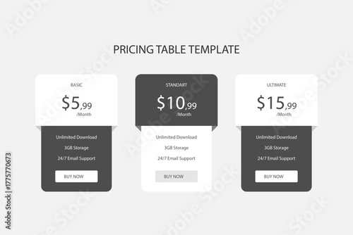 Modern pricing table template with three tiers for business websites