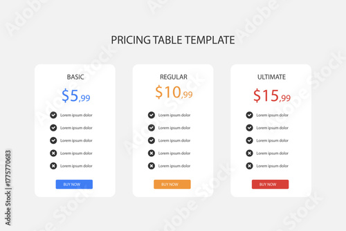 Modern pricing table template with three tiers for business websites