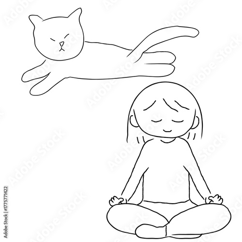 ヨガのポーズをする女性と猫の線画イラスト