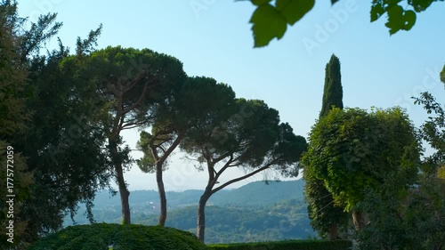 Revealing ancient stone building in a tuscan landscape. Panning shot revealing an ancient stone building nestled among lush green cypress and pine trees, with a picturesque view of the rolling hills