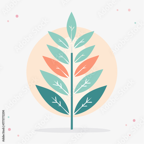 Abstract stylized plant with teal coral and gray leaves centered within a soft peach circle and white background adorned with small pink and gray dots