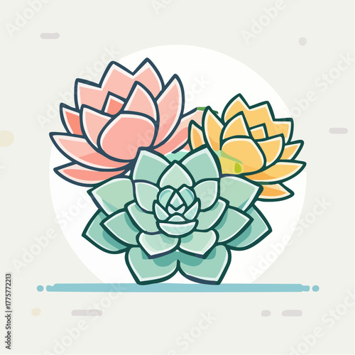 Pixel Art of Three Succulent Plants in Pastel Colors Pink Mint Yellow With Outline and Simple Background