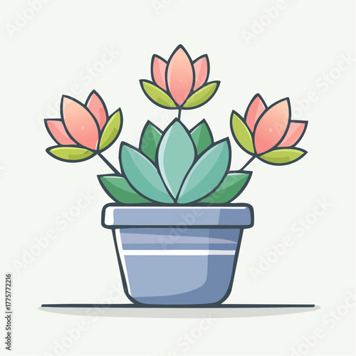 Pixel Art Succulent Plant With Pink Flowers In A Blue Pot On A White Background