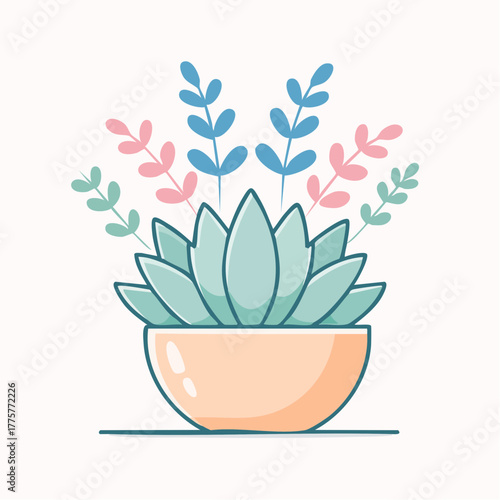 Pixel Art Succulent Plant in Peach Pot with Pastel Blue and Pink Sprigs Accents on White Background