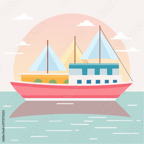 Pink and white ship sailing on blue water with a large peach sun and white clouds in the sky during sunset