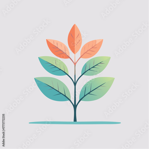 Gradient Leaves Plant With Dark Stem and Subtle Shadow on Light Gray Background