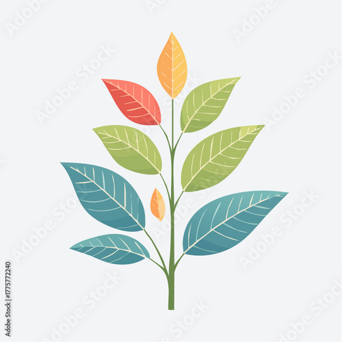 A Stylized Plant Stem With Multiple Colorful Leaves In Various Shades Of Green Blue Red And Yellow Against A White Background