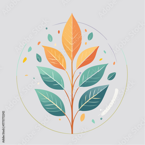 Stylized Plant With Gradient Leaves And Floating Particles Inside A Subtle Circle On A Light Gray Background