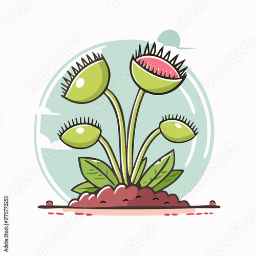 Cute Cartoon Venus Flytrap Plant with Open Traps and Green Leaves in Soil with Cloudy Light Blue Background