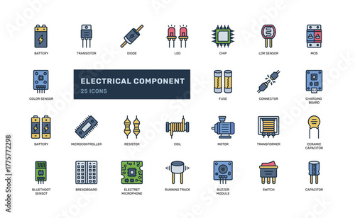 Electronic component icon set with filled line color style for tech UI